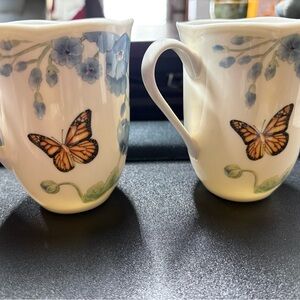 Porcelain Butterfly Floral Coffee Mugs - White and Blue (Set of 3) Lenox brand